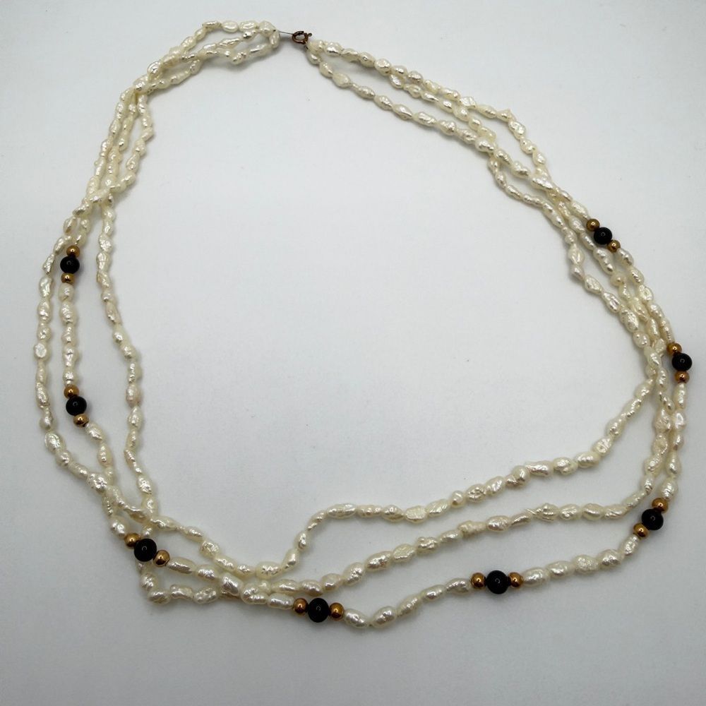 14k yellow gold, three strands of rice pearls, onyx and gold beads, necklace!